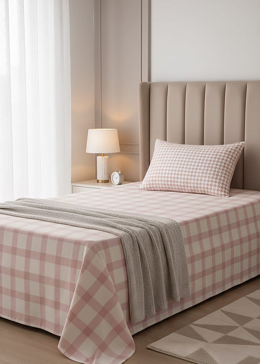 Pink & White Buffalo Check Single Bed Sheet Set | Cozy Gingham Plaid Design