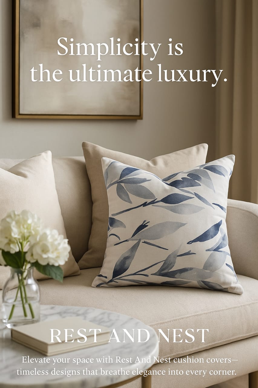 16x16 Inch Blue Watercolor Leaf Print Cotton Cushion Cover | Coastal Farmhouse Decorative Pillow Case