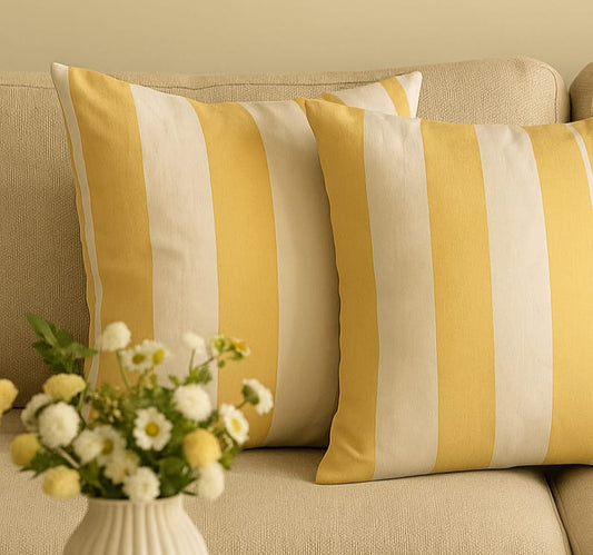 16x16 Inch Yellow & White Striped Cotton Satin Cushion Cover