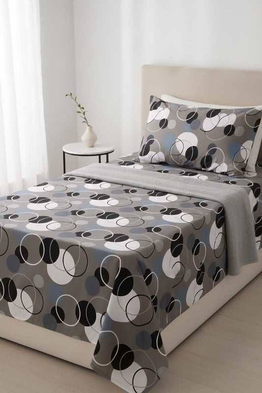 Single Size Flat Sheet & Pillowcase Set / Grey, Black & White Circles Print / Single Bed Sheet