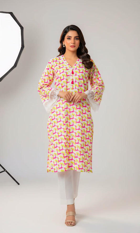 2-Piece Pakistani Printed Lawn Suit – Vibrant Pink & Lime Kurta with Trousers | Large Size Ready-to-Wear
