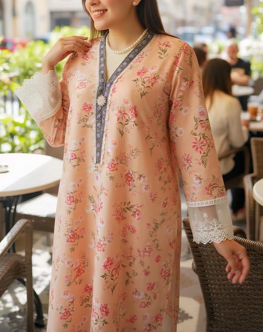 Luxury 2-Piece Pakistani Printed Lawn Suit – Peach Floral Kurta with Trousers | Large Size Ready-to-Wear