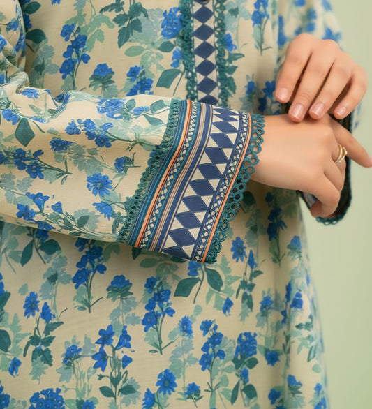 Pakistani 2-Piece Printed Lawn Suit – Sage Green & Royal Blue Floral Kurta Set | Medium Size Ready-to-Wear