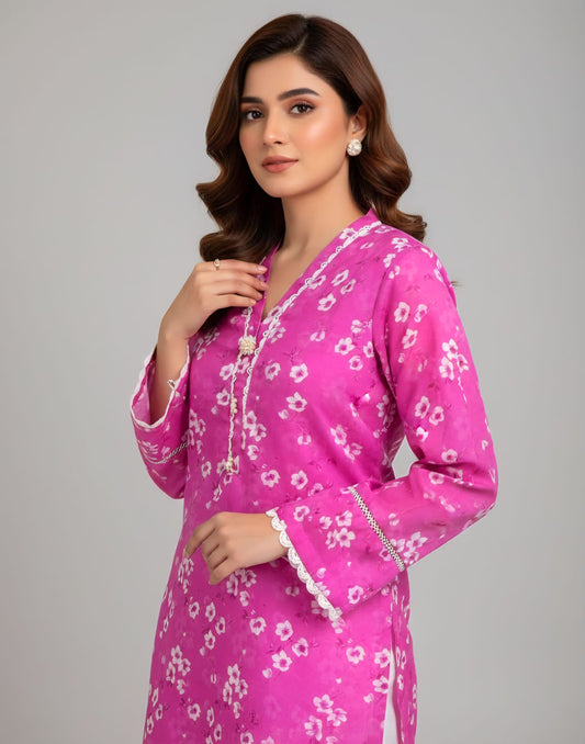 1-Piece Luxury Pakistani Floral Shirt – Deep Pink & White Lawn Kurta | Large Size Ready-to-Wear