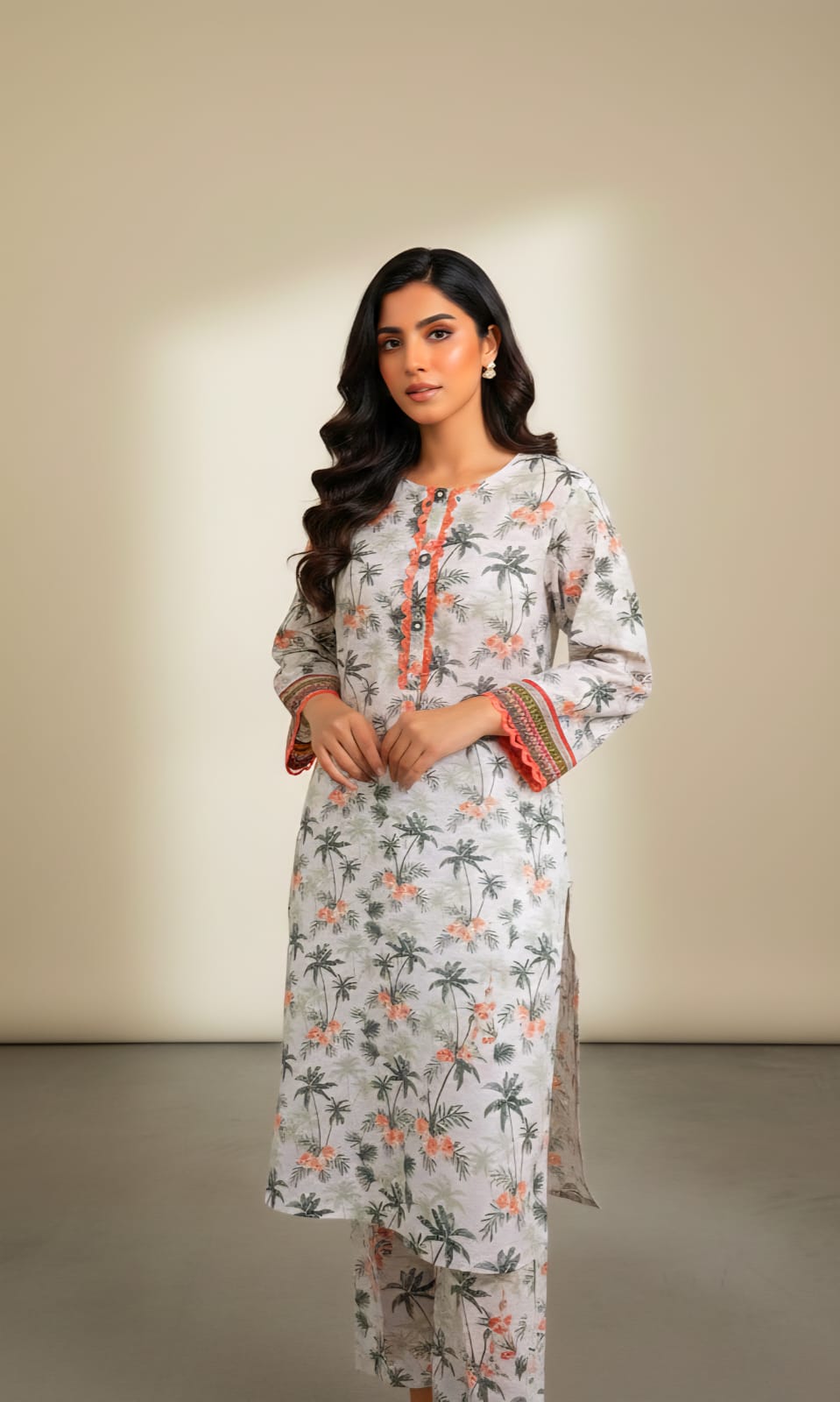 Luxury 2-Piece Pakistani Printed Lawn Suit – Tropical Palm & Floral Co-ord Set | Small Size Ready-to-Wear