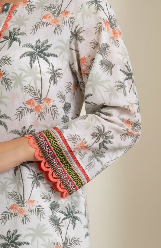 Tropical Palm Digital Print 1 Piece Kurta with Scalloped Lace Detailing – Grey & Peach (Large)