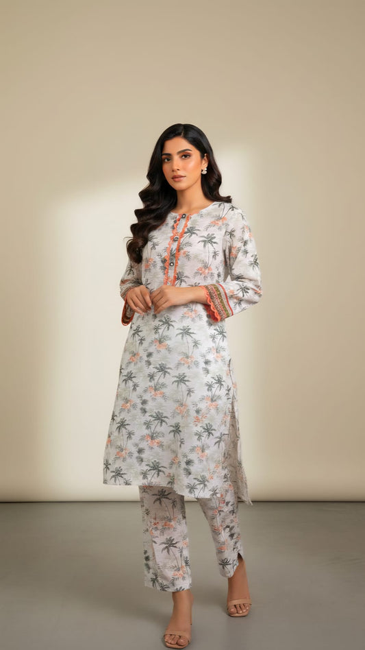 Tropical Palm Digital Print 1 Piece Kurta with Scalloped Lace Detailing – Grey & Peach (Large)