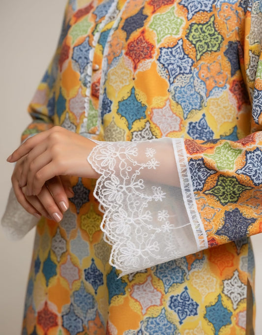 Vibrant Moroccan Tile Print Kurta with Organza Lace Sleeves – Mustard Yellow (Medium)