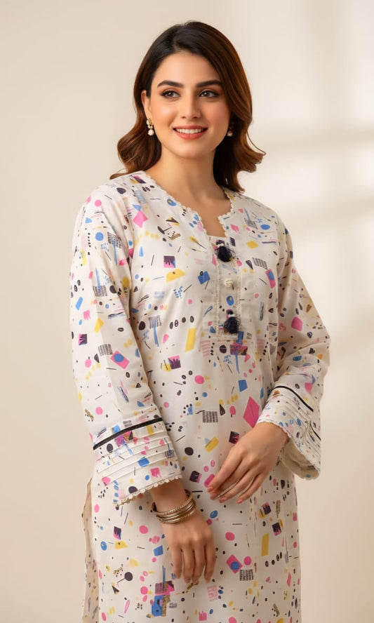 Modern Abstract Geometric 2-Piece Co-ord Set – Digital Print Shirt & Trousers (Large) / Pakistani Lawn