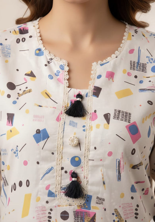 Modern Abstract Geometric 2-Piece Co-ord Set – Digital Print Shirt & Trousers (Large) / Pakistani Lawn