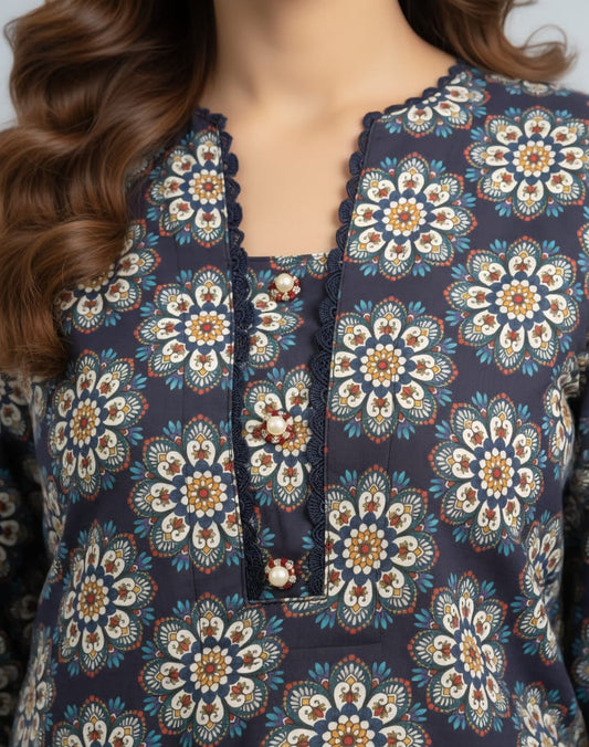 Luxury 2-Piece Pakistani Printed Lawn Suit – Navy & Ochre Mandala Kurta Set | Small Size Ready-to-Wear