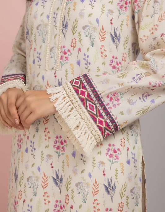 Botanical Meadow Digital Print Kurta with Fringe Lace Sleeves – Off-White (Large)