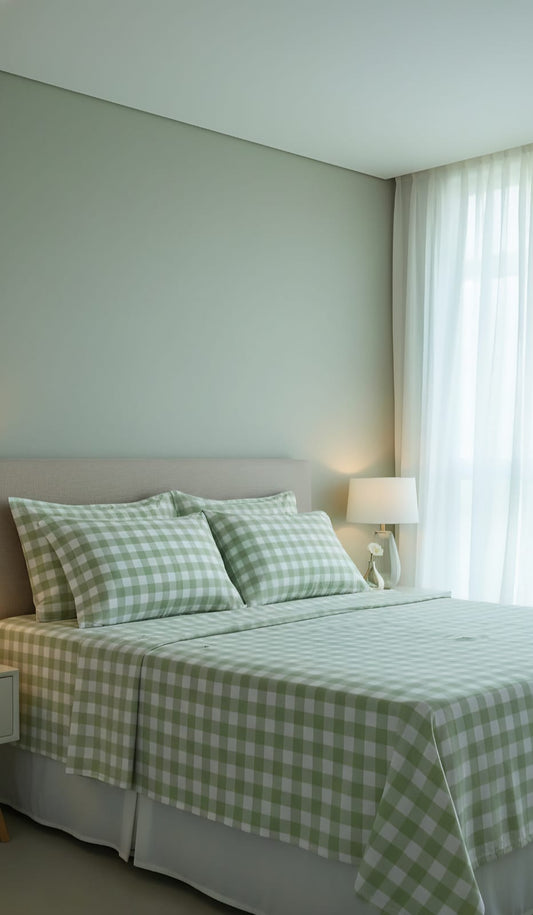 Super King Size Chequered Green Bedsheet – Soft Cotton, Elegant Design | Rest And Nest UAE