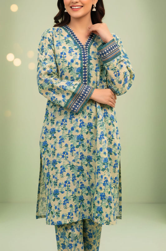 Pakistani 2-Piece Printed Lawn Suit – Sage Green & Royal Blue Floral Kurta Set | Medium Size Ready-to-Wear