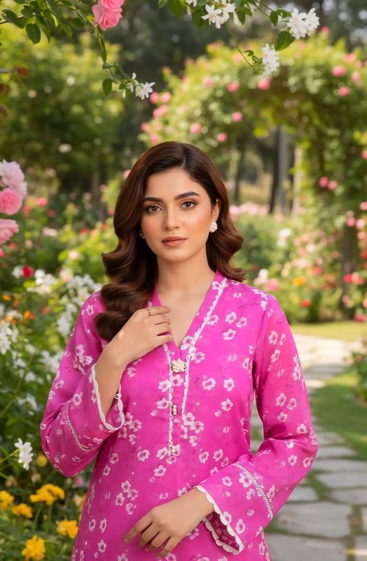 1-Piece Luxury Pakistani Floral Shirt – Deep Pink & White Lawn Kurta | Large Size Ready-to-Wear