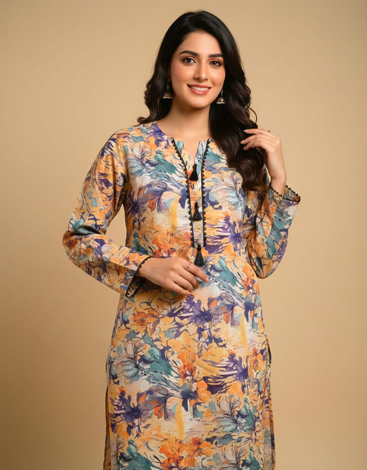 Luxury Pakistani Printed Lawn Shirt – Ochre & Teal Abstract Designer Kurta | XL Size Ready-to-Wear Tunic