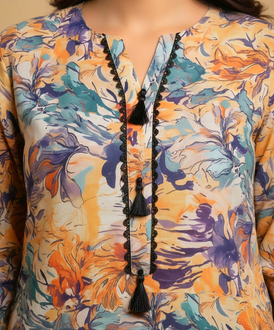 Luxury Pakistani Printed Lawn Shirt – Ochre & Teal Abstract Designer Kurta | XL Size Ready-to-Wear Tunic