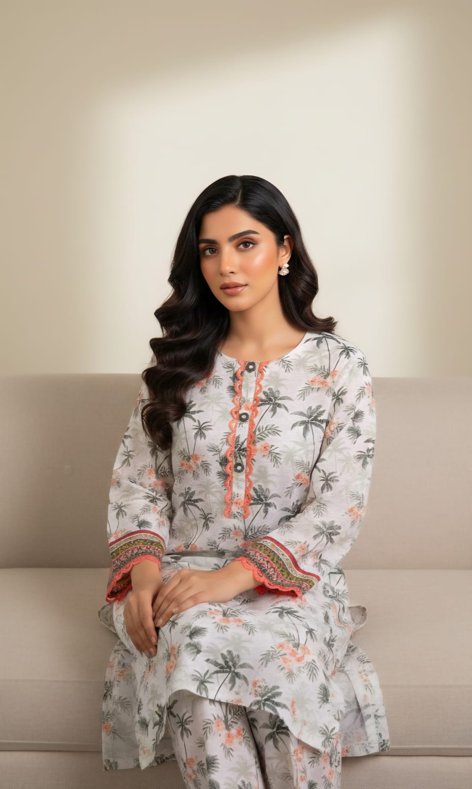 Luxury 2-Piece Pakistani Printed Lawn Suit – Tropical Palm & Floral Co-ord Set | Small Size Ready-to-Wear