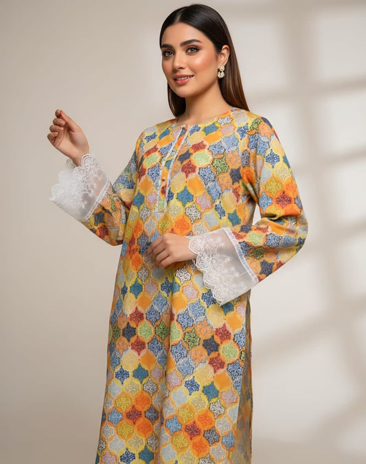 Vibrant Moroccan Tile Print Kurta with Organza Lace Sleeves – Mustard Yellow (Medium)