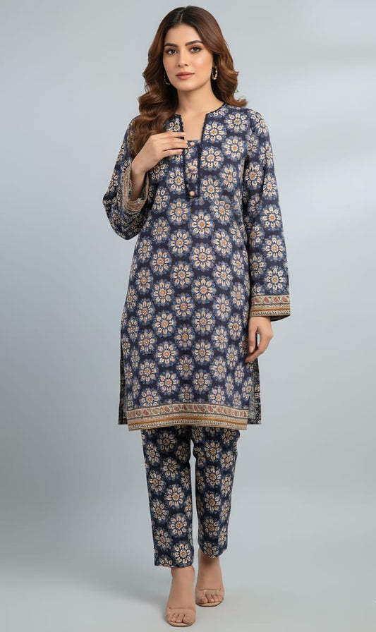 Luxury 2-Piece Pakistani Printed Lawn Suit – Navy & Ochre Mandala Kurta Set | Small Size Ready-to-Wear