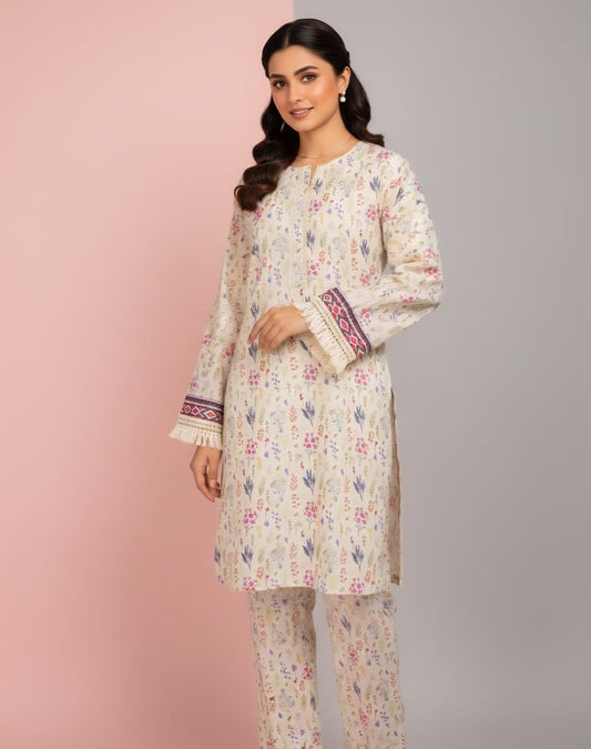 Botanical Meadow Digital Print Kurta with Fringe Lace Sleeves – Off-White (Large)
